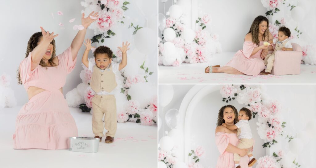 mother and child having fun avoiding temper tantrum during photography session in downtown orlando photography studio